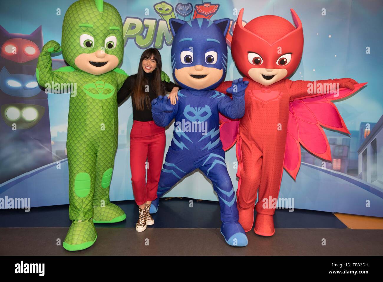 Jennifer Metcalfe at Hamleys to help PJ Masks to save the day... and  celebrate National Superhero Day. PJ Masks is a show about ordinary kids  who become pyjama-clad superheroes at night. Two
