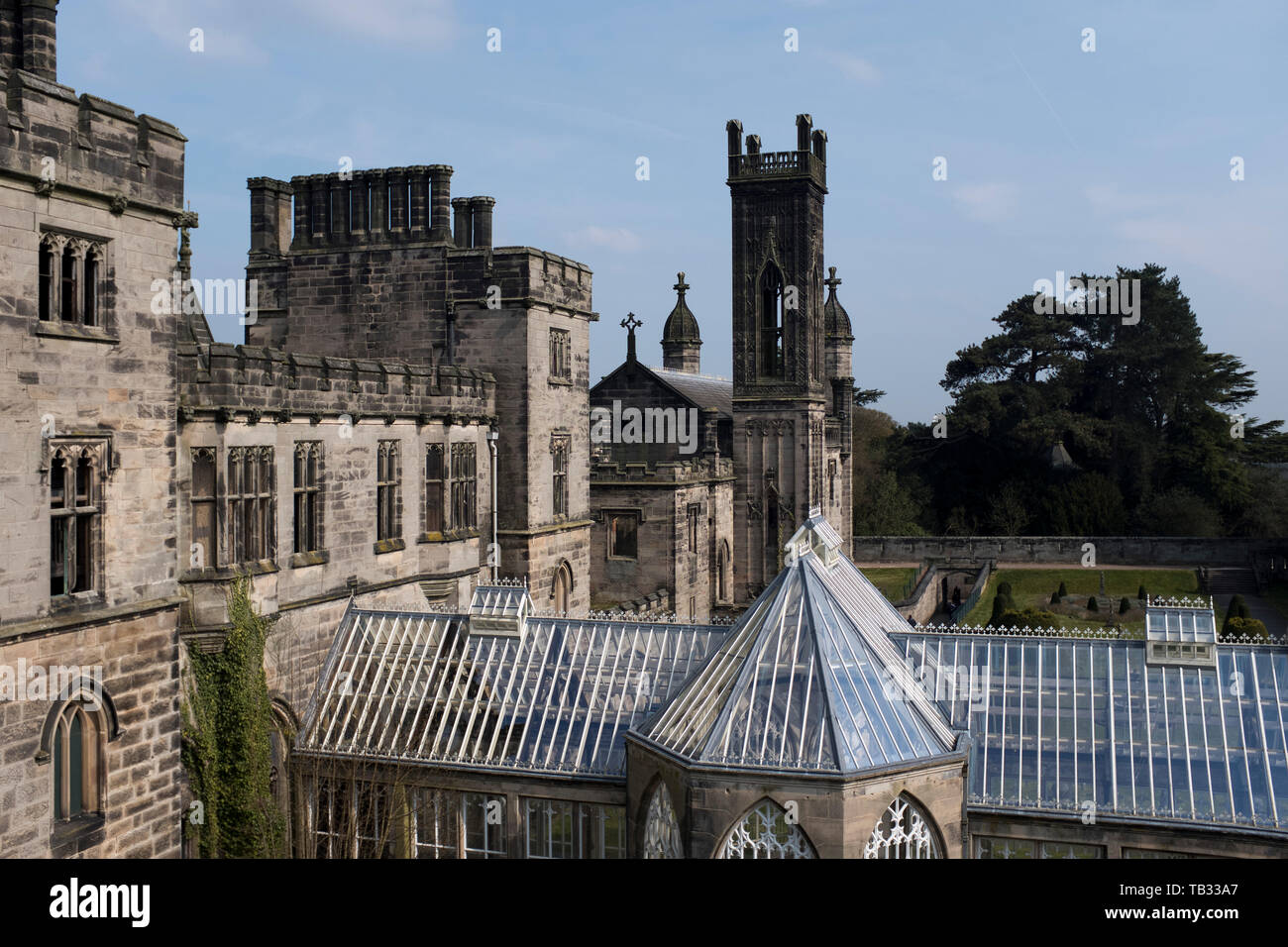 dh The Tower House ALTON TOWERS ESTATE STAFFORDSHIRE Earls of Shrewsbury derelict Gothic style stately home exterior UK Stock Photo