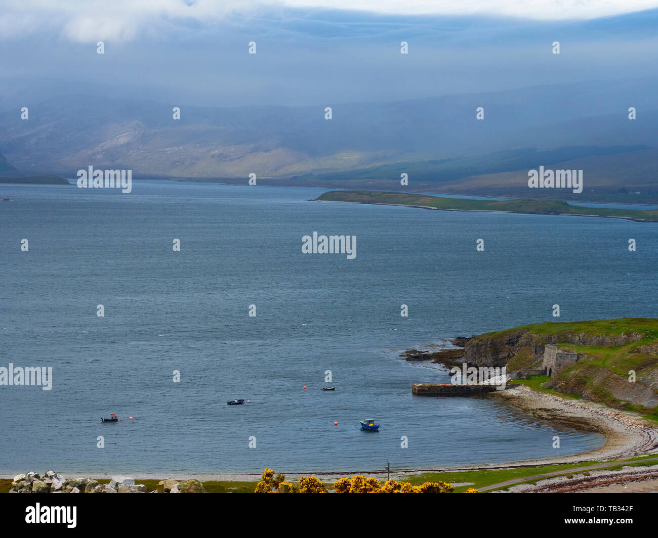 View of Boats and Harbour at Ard Neackie Peninsula on Loch Eriboll, Sutherland, Scottish Highlands Stock Photo