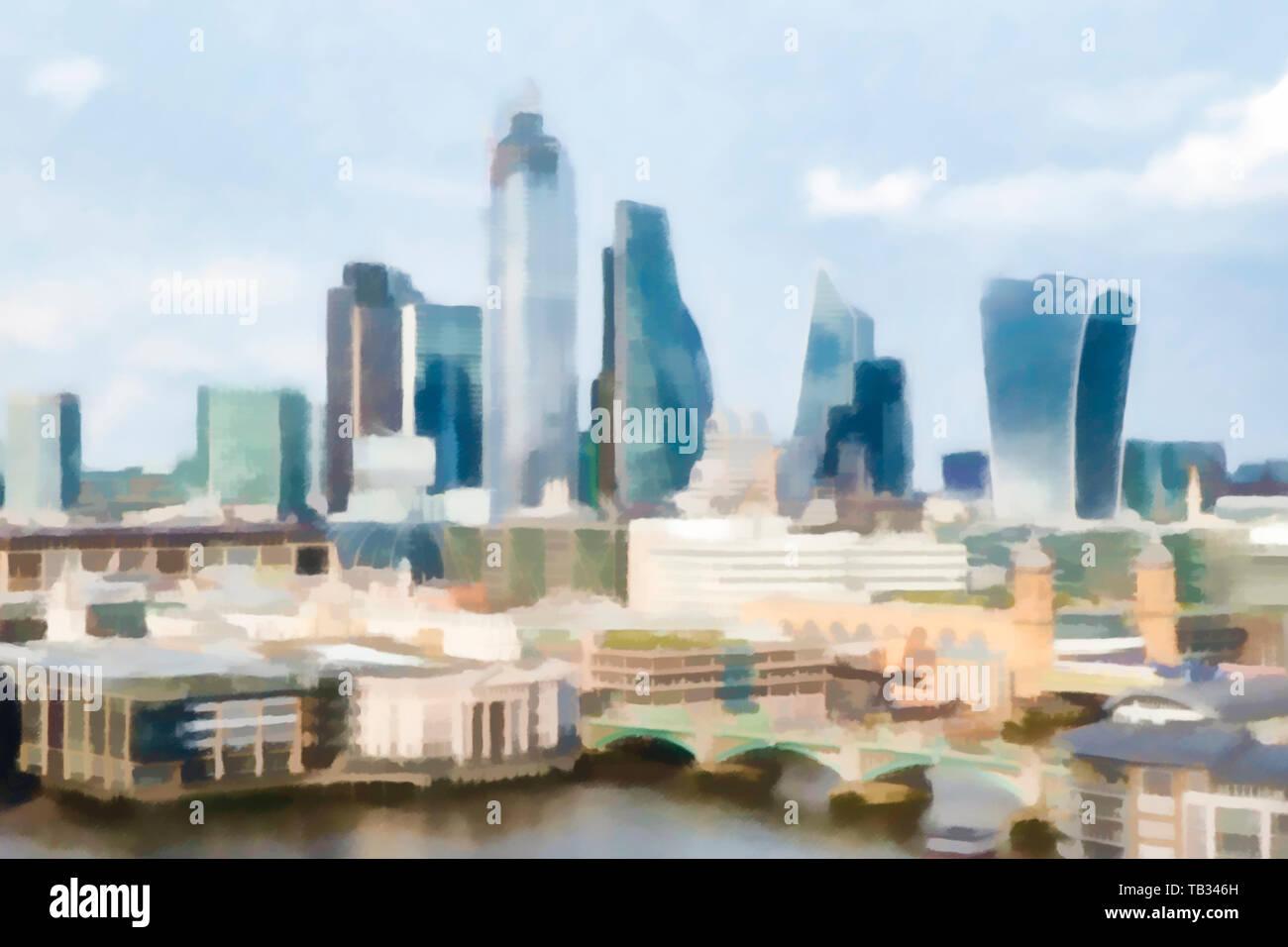 Watercolour style illustration of the City of London from across the River Thames at Southwark Stock Photo