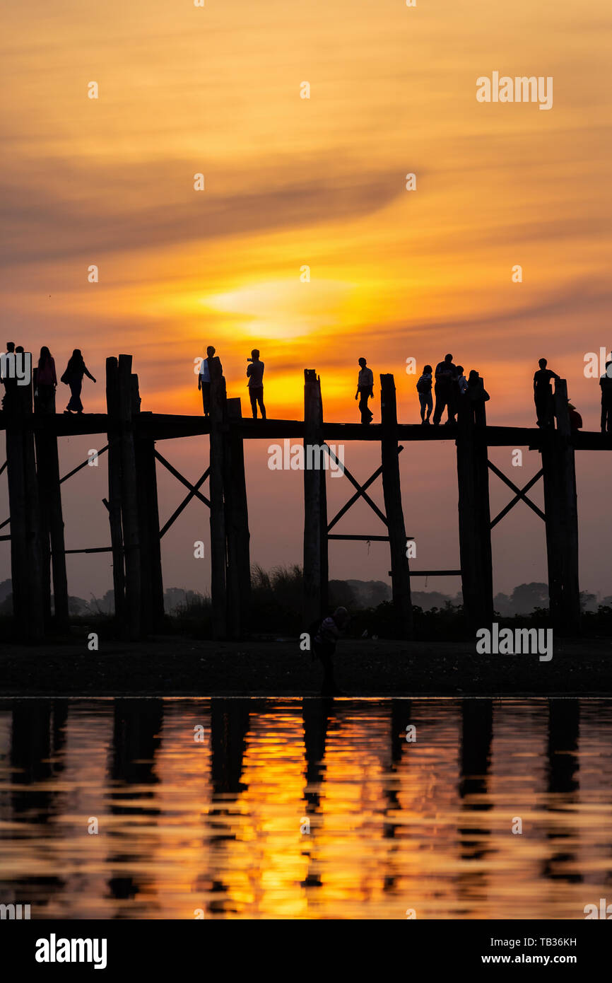 U Bein Bridge Sunset  Amarapura in Myanmar Stock Photo