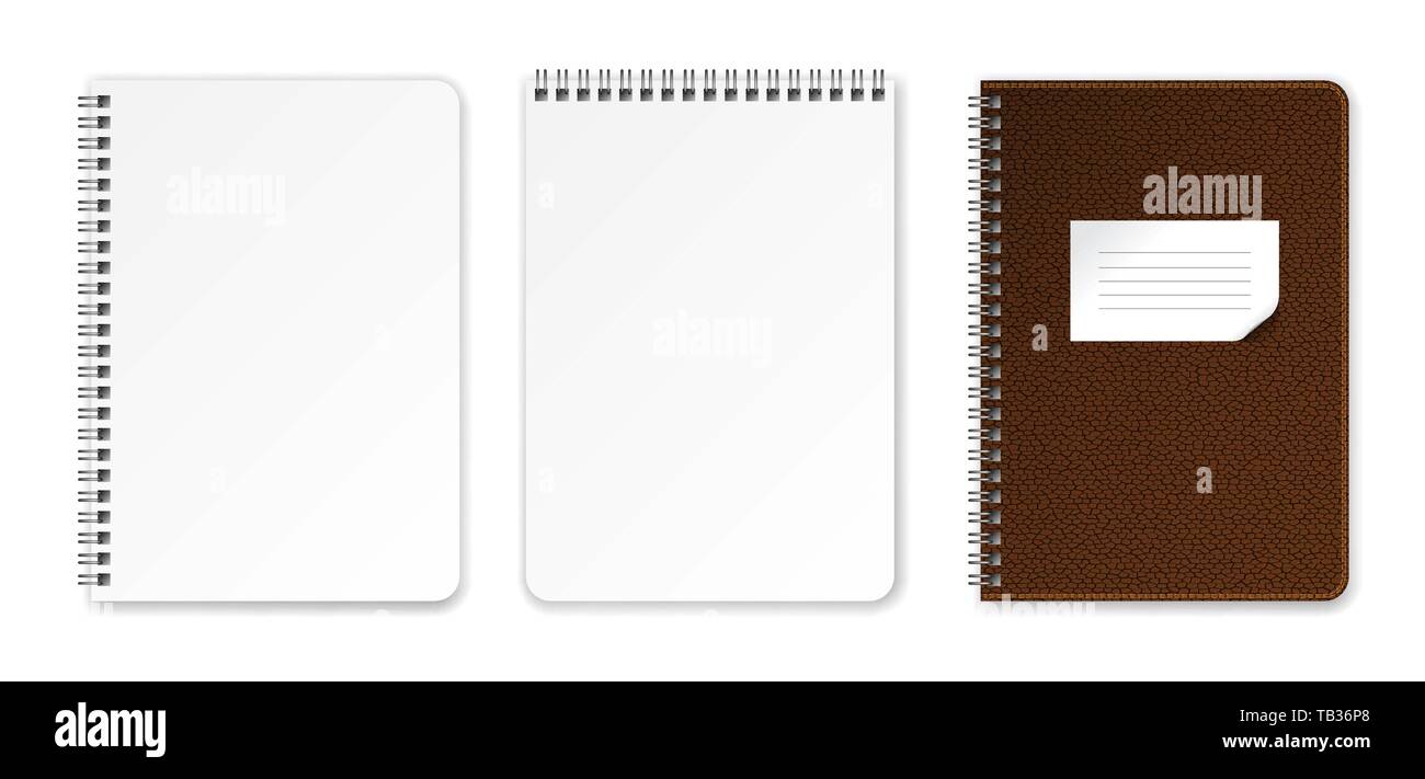 Realistic blank pages notebook template with spiral. Vector mockup