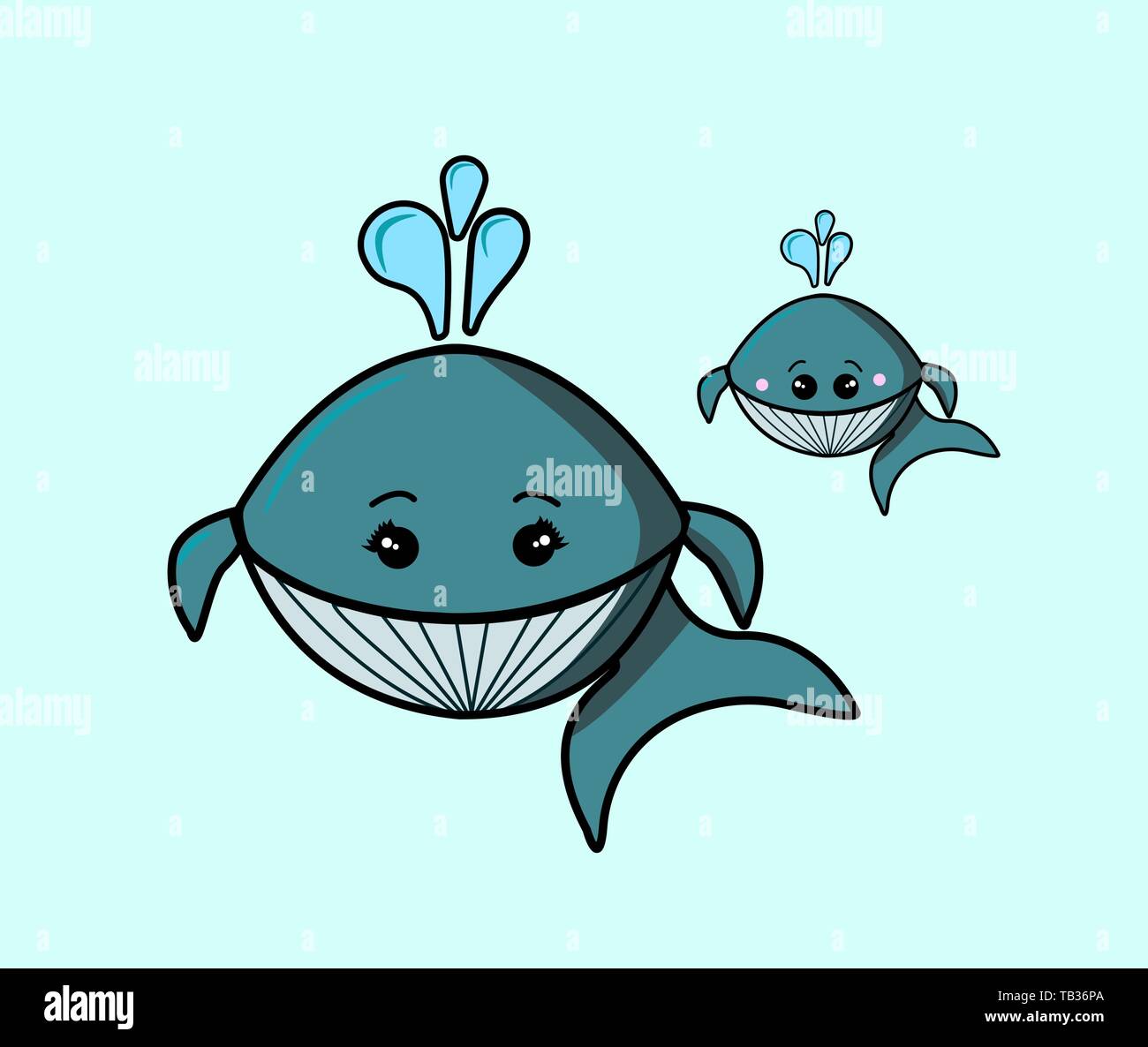 Cute cartoon characters marine animal. Mother whale and little whale. Gray stripes. With a fountain of water. Vector illustration in kawaii style. For Stock Vector