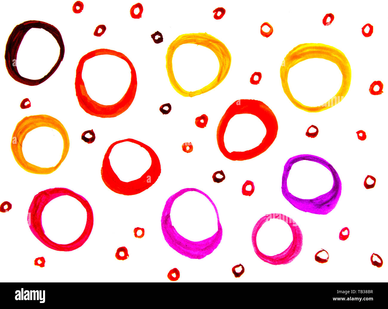 Watercolor texture with round spots hand-drawn circles, rings red and ...