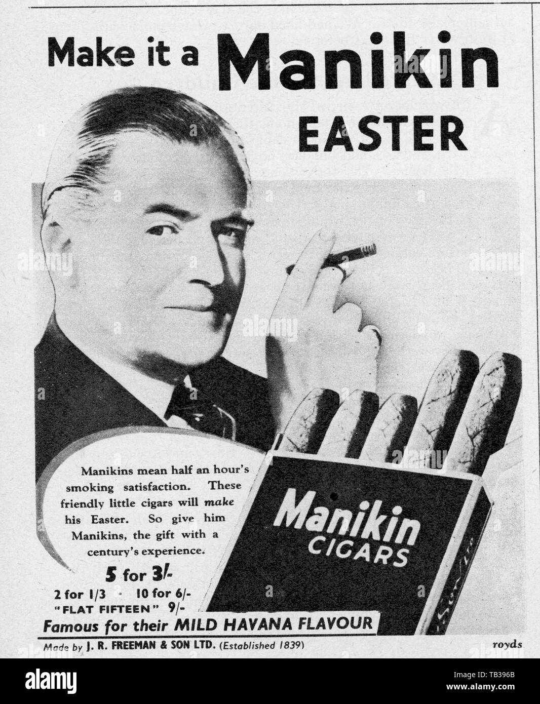 Manikin Cigars Advert featuring actor Jack Warner. 4 April 1953  Photo by Tony Henshaw Stock Photo