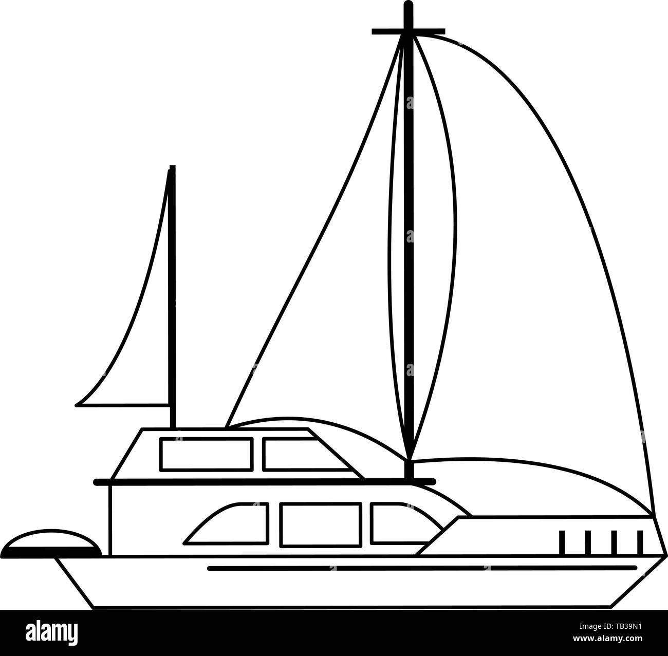 Sail boat ship sideview cartoon isolated in black and white Stock