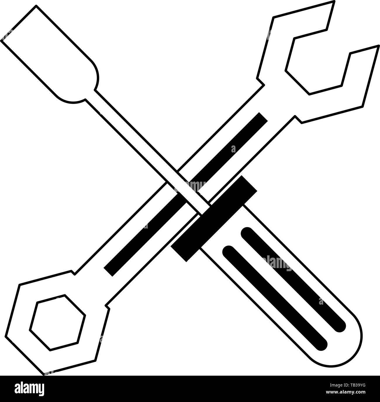 Screwdriver and wrench crossed symbol in black and white Stock Vector