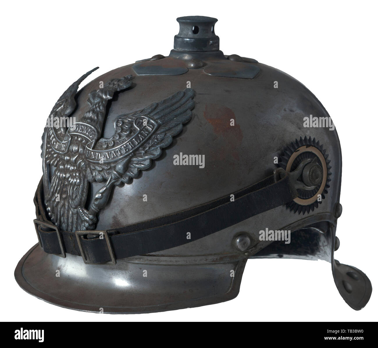 An Imperial German war model for enlisted men of mounted rifles helmet, Metal lobster tail body with front visor, grey Prussian eagle attached by two loops and leather strip (no leather strip for left loop), grey spike base and base studs (partial polished to steel finish), black leather chinstrap with grey buckles and M 91 lug side posts, light brown leather liner, small national and Prussian state cockades, black paint under rear visor, green paint under front visor, maker's mark inside body, no spike. USA-lot. Prussian, Prussia, German, German, Additional-Rights-Clearance-Info-Not-Available Stock Photo