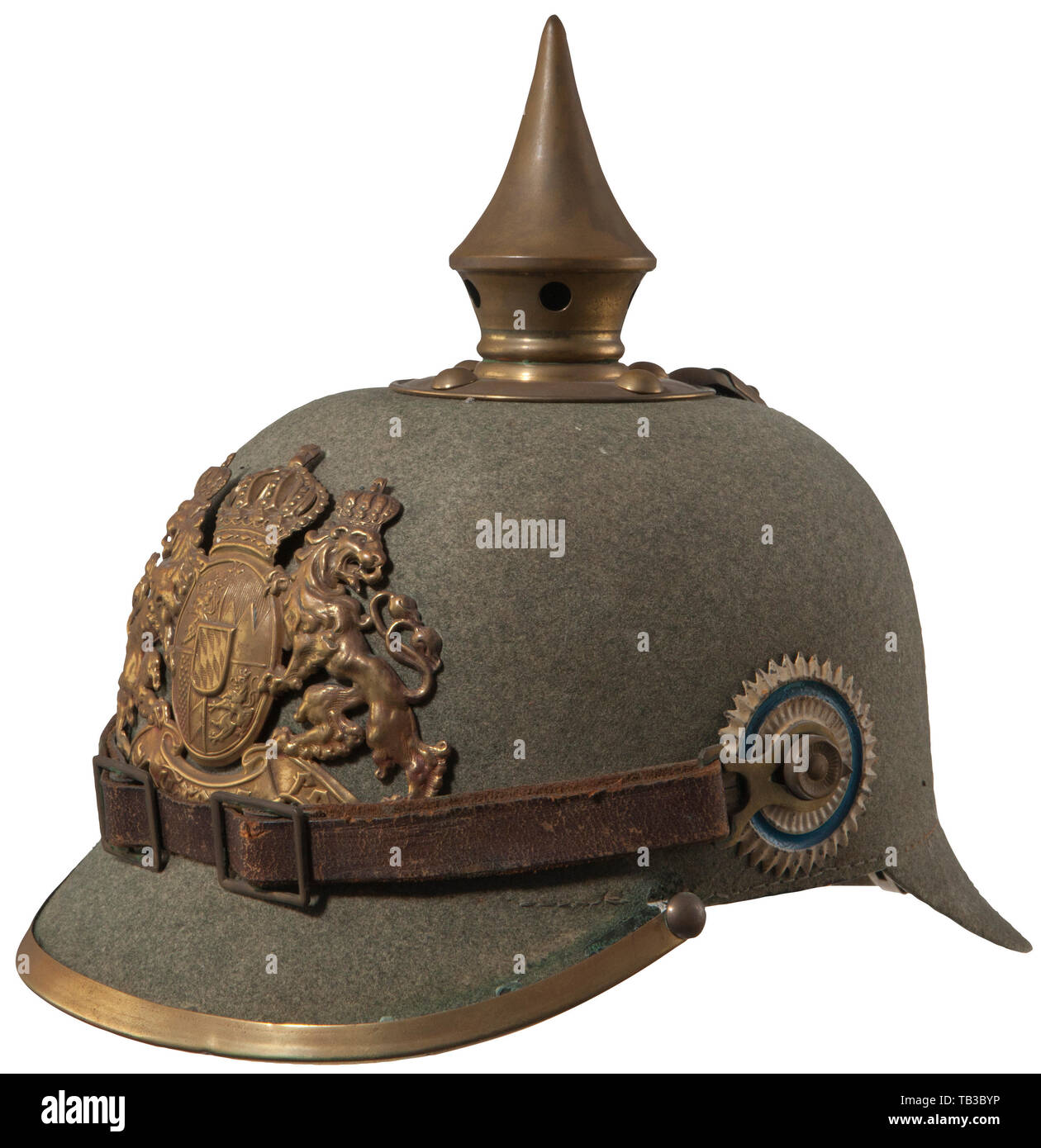 An Imperial German cork war model Bavarian enlisted men infantry spike helmet, Green cork body with front and rear visors, gold Bavarian enlisted men front plate attached by two loops and leather strips. Gold spike base, spike, spline, base studs and front visor. Brown leather chinstrap with brass buckles and M 91 lug side posts, black leather liner, front visor trim is loose. Fine example of this war model spike. USA-lot. 20th century, 1910s, First World War / WWI, world war, world wars, historic, historical, Additional-Rights-Clearance-Info-Not-Available Stock Photo