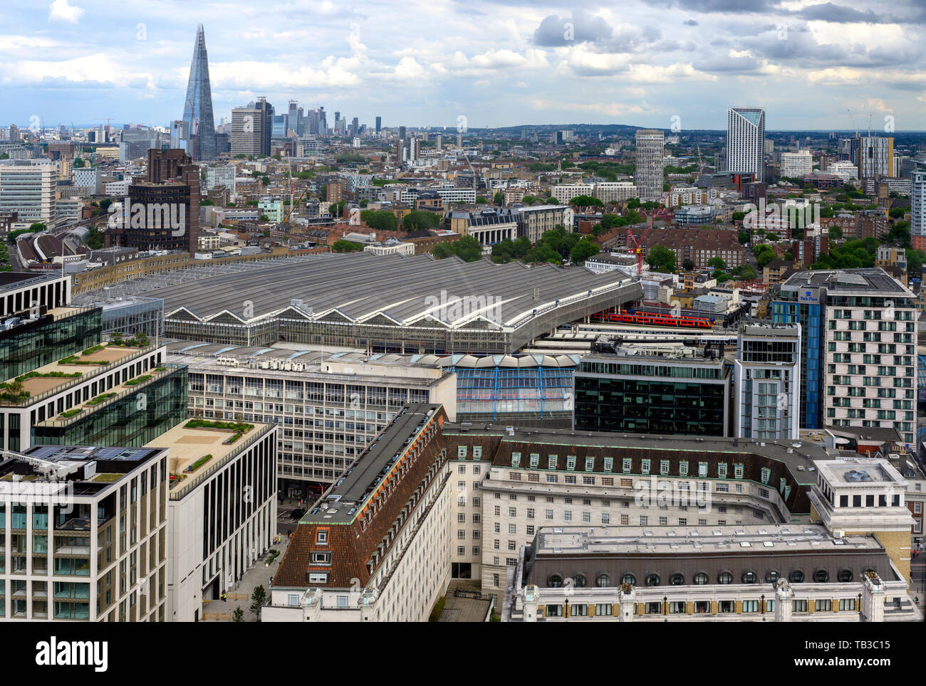 Aerial view of south London showing the vast roof of Waterloo railway Station, Waterloo, London, England, UK Stock Photo