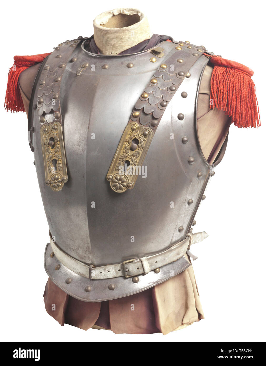 A French Napoleonic cuirass, Metal body with brass hobnails, silver scale straps with gold buckles on front and lion head hinges on back, white leather belly straps, no liner, long tongue red fringed epaulettes, slight pitting and surface rust overall. USA-lot. France, Imperial, French Empire, object, objects, stills, clipping, cut out, cut-out, cut-outs, historic, historical 19th century, Additional-Rights-Clearance-Info-Not-Available Stock Photo