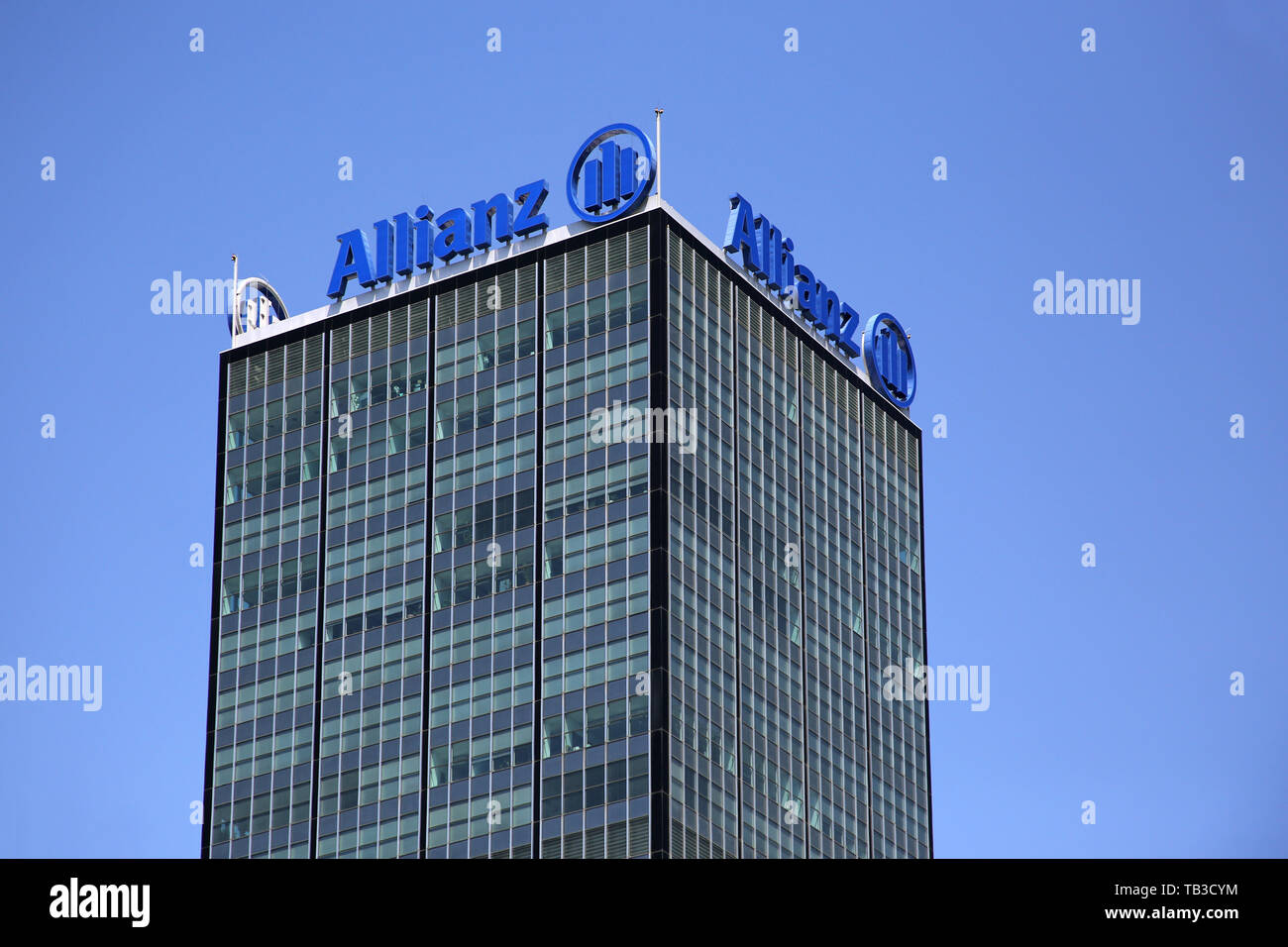 14.07.2018, Berlin, Berlin, Germany - Tower of the building complex Treptowers with the lettering of the insurance Allianz. 00S180714D860CAROEX.JPG [M Stock Photo