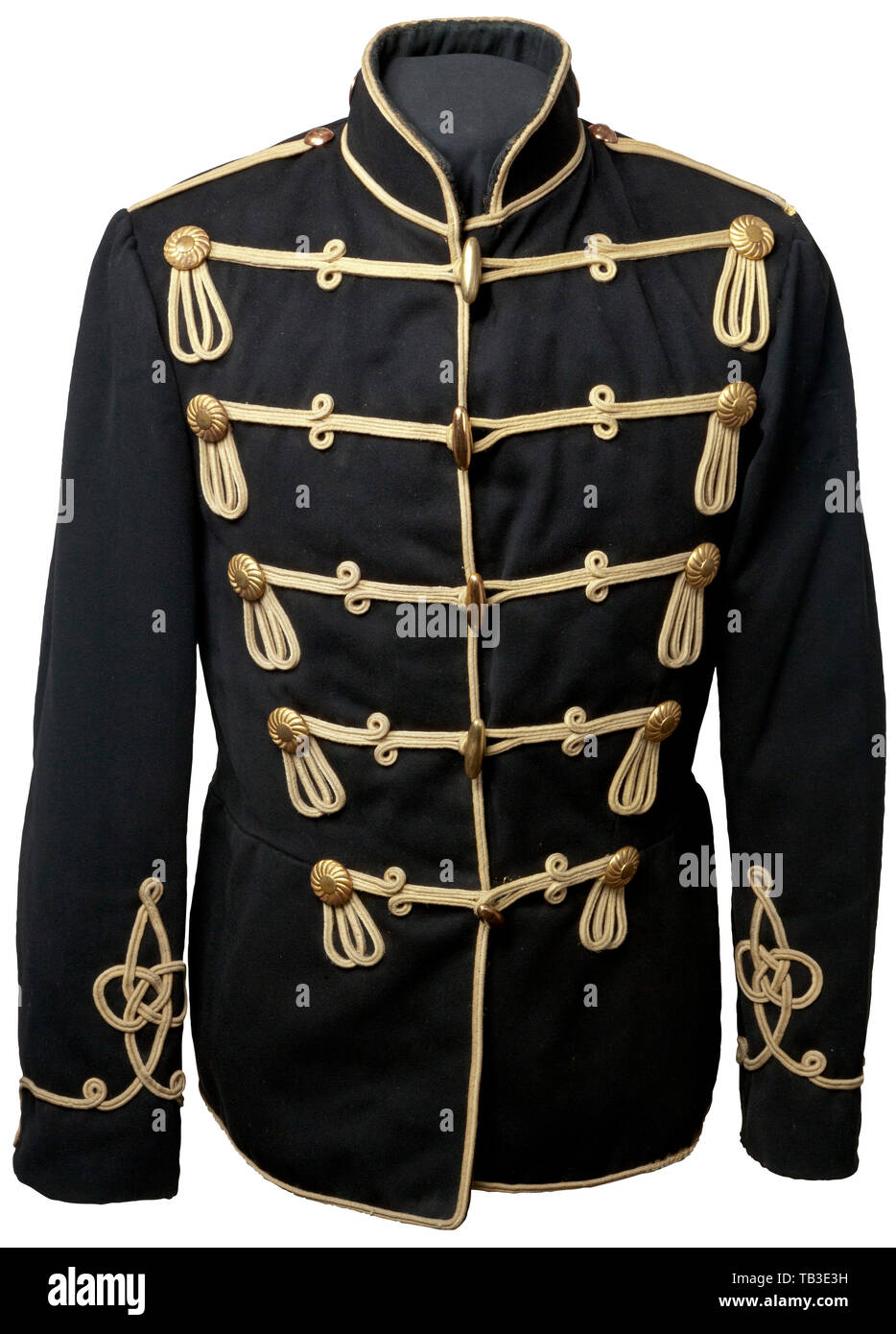 An Imperial German Attila for an Ober-Gefreiter of the Braunschweig Hussar Regt. no. 17, X AK, Tunic of black cotton material with yellow piping, piping in bottom left front edge has some fraying. Yellow cord cuff and chest braid, yellow sewn-in shoulder boards with gold 2nd squadron buttons, gold rosette and toggle buttons, gold Prussian Gefreiter collar buttons, black silk lining with some wear areas, label in lining with Gefreiter Kalbreier owner's name, small repair on shoulder. USA-lot. Braunschweig, Brunswick, German, Germany, Northern Germ, Additional-Rights-Clearance-Info-Not-Available Stock Photo