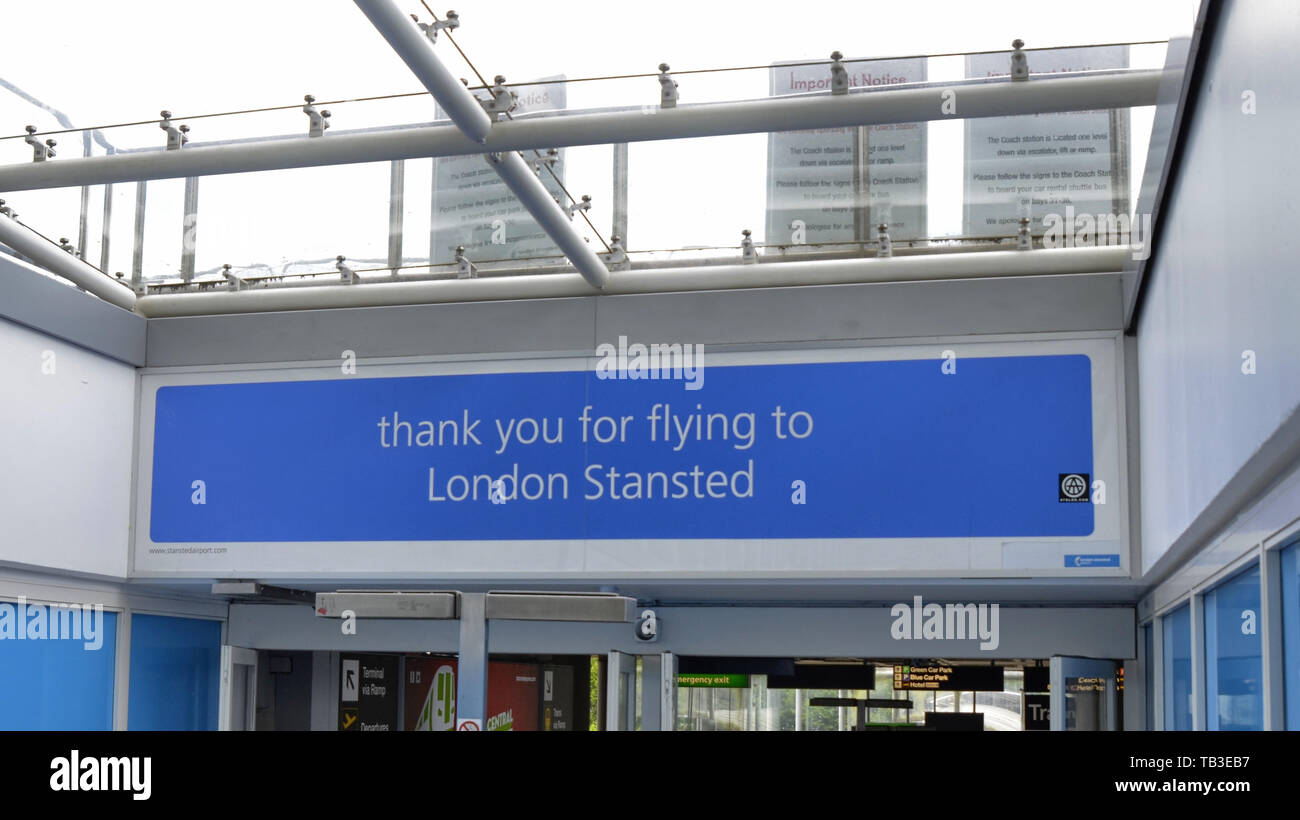 Stansted Airport - Stansted Express London, United Kingdom. June 14 2018.  Airport reception signs and directions for the train to London, the Stansted  Stock Photo - Alamy