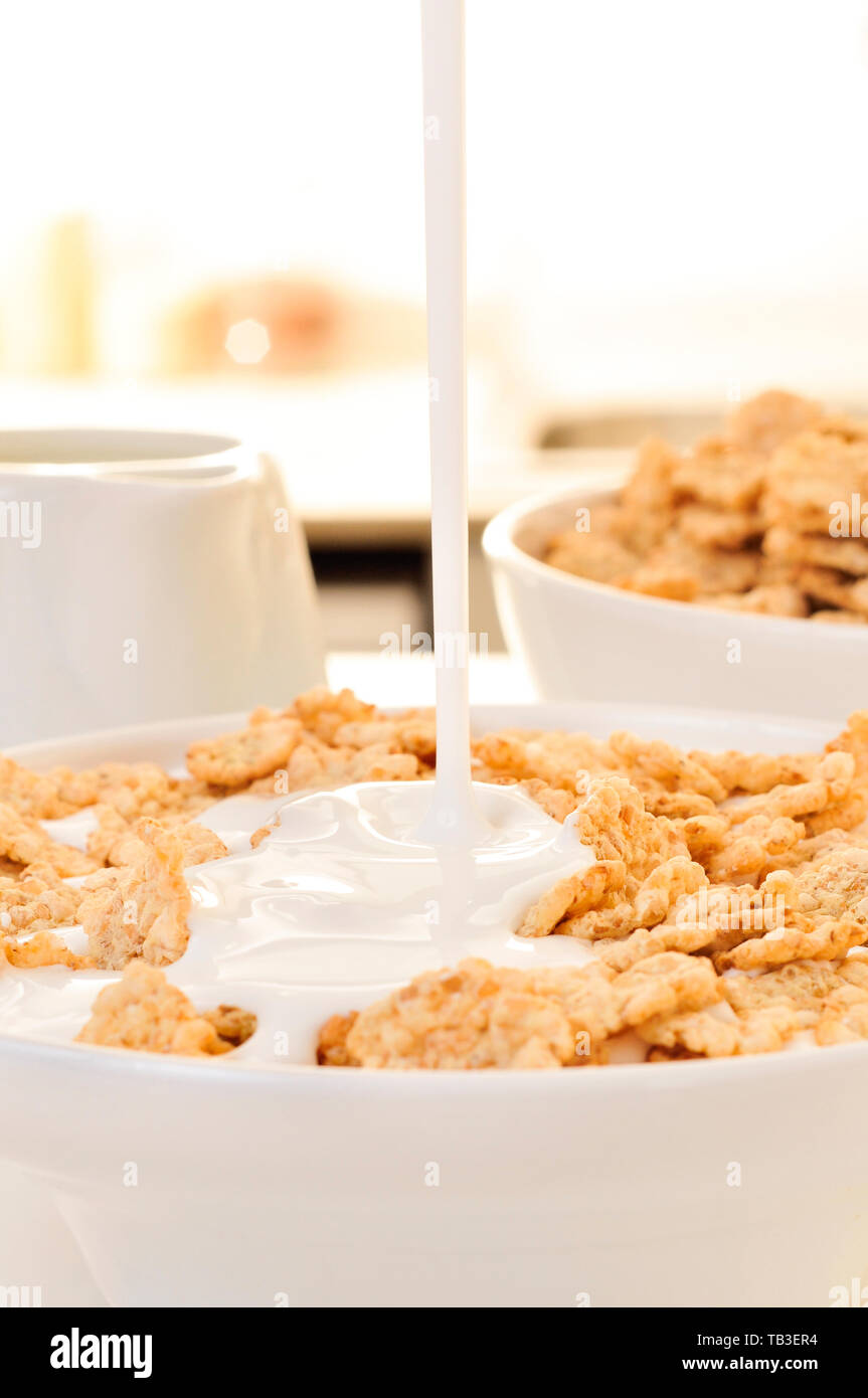closeup of a bowl with breakfast cereals soaked in milk or drinkable yogurt, on a table set for breakfast Stock Photo