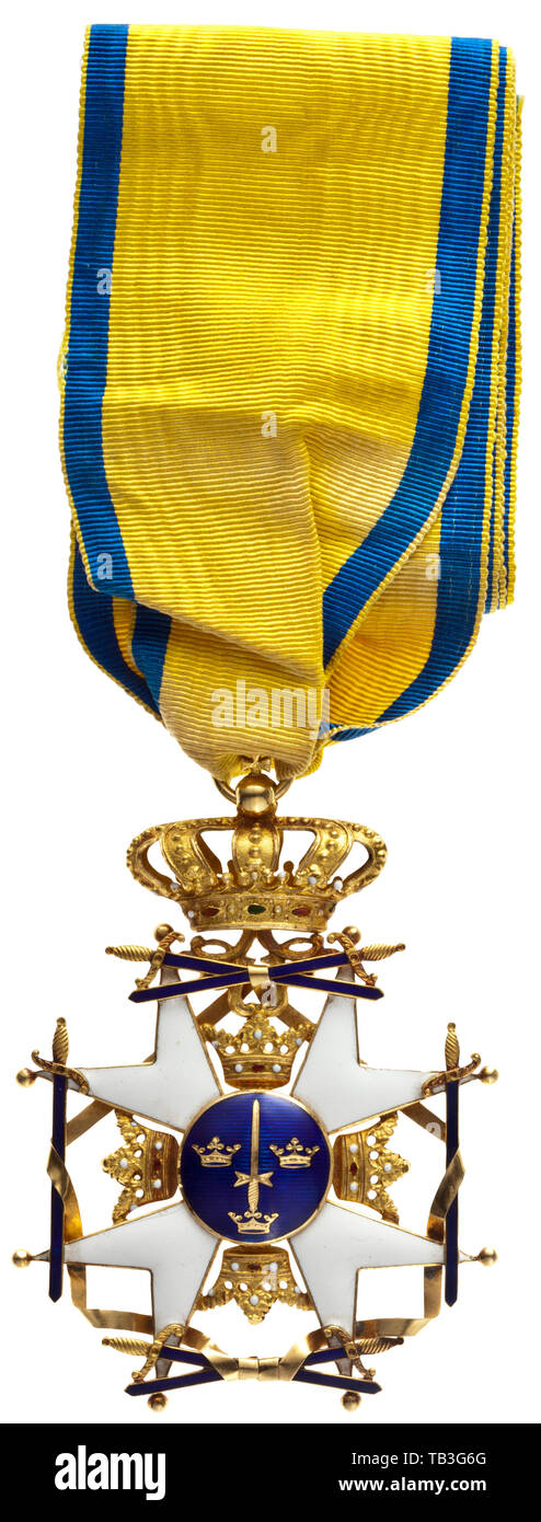 Royal Order of the Sword (Kungliga Svärdsorden) - a commander's cross, circa 1900, Fine gold cross without suspension ring on long, original ribbon. The gold of the translucent blue enamelled medallion re-etched and engraved. Apart from a minimal damage of the enamel on the reverse of one cross arm tip in excellent condition. Width 55 mm. historic, historical 20th century, Additional-Rights-Clearance-Info-Not-Available Stock Photo