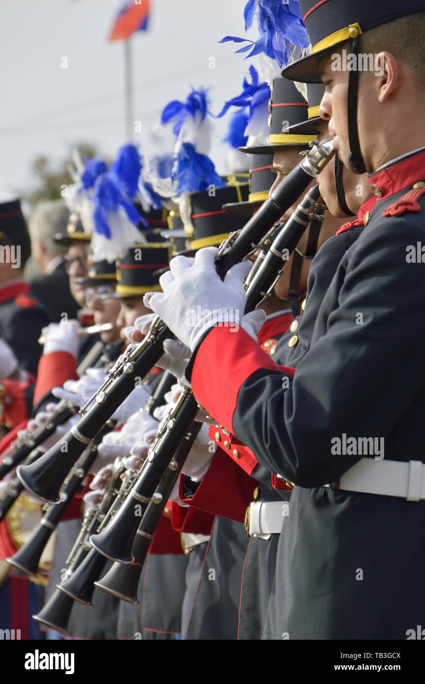 CANELONES, URUGUAY - MAY 18, 2019: Military musicians playing clarinets, 208 anniversary of Batalla de Las Piedras. Stock Photo