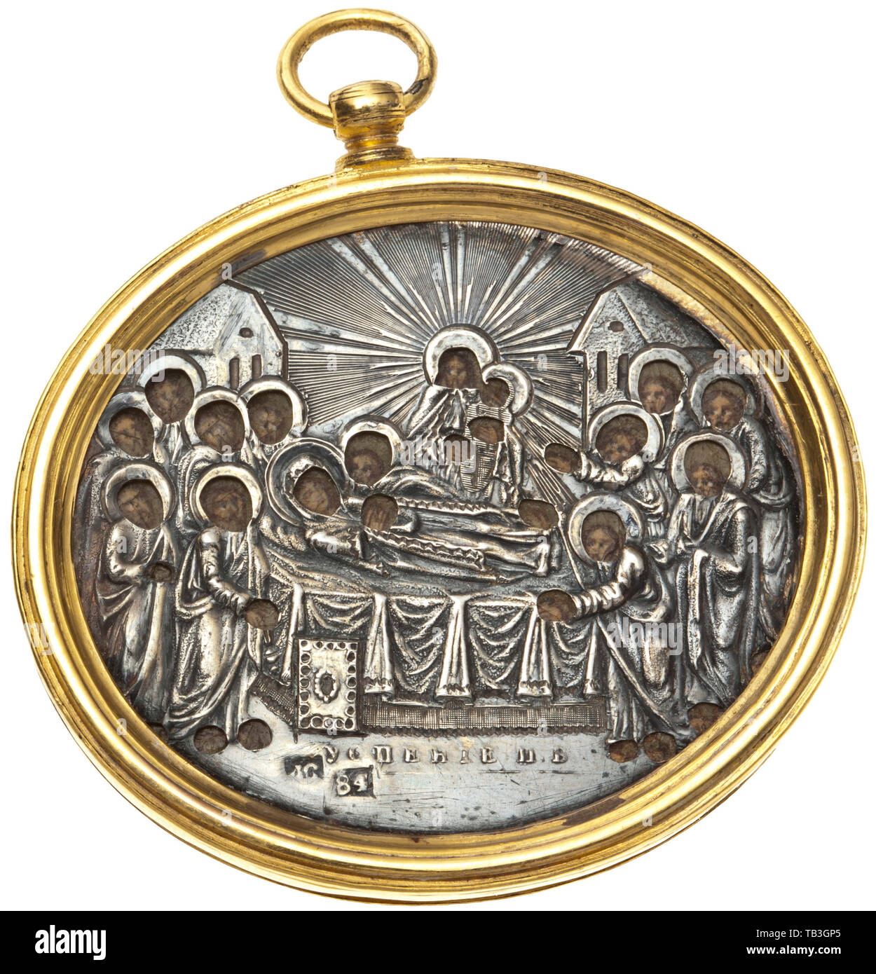 A Russian miniature icon, 2nd half of the 19th century, Finely painted depiction of mourners for Mary in oil on copper. High-quality silver oklad with Cyrillic inscription, punched '84', besides master's mark 'AG'. In the original fire-gilt brass frame with a movable carrying loop. Dimensions 4.7 x 5.5 cm. historic, historical 19th century, Additional-Rights-Clearance-Info-Not-Available Stock Photo