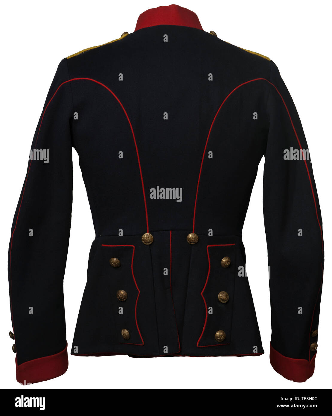 An English enlisted lancer's uniform for an individual in the 12th Lancer Regiment, Tunic of black cotton material with red piping on arms and back, red cotton collar with regimental insignia, yellow cord sewn in shoulder boards with 12th lancer buttons, gold regimental buttons, red parade rabatte, white cotton lining in tunic and black silk collar lining. 1914 dated. USA-lot. historic, historical 20th century, Additional-Rights-Clearance-Info-Not-Available Stock Photo