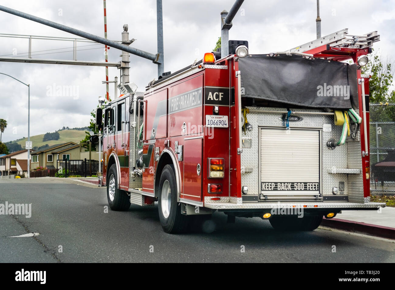 May 26, 2019 Hayward / CA / USA - Alameda County Fire Truck stopped on the side of a street Stock Photo