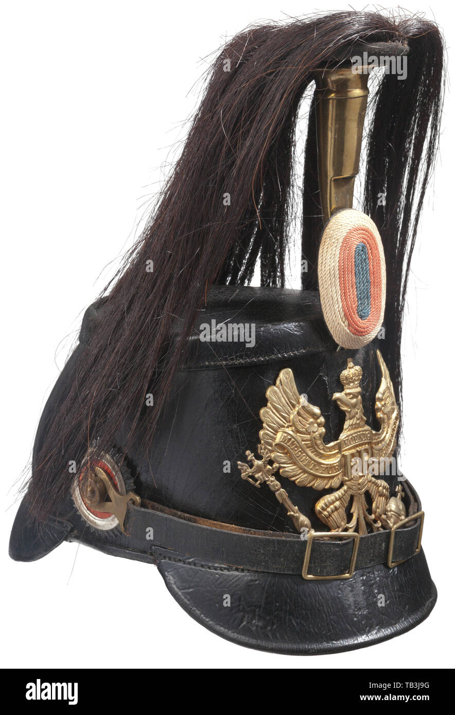 An Imperial German NCO pre-war shako for Jäger Battalion No. 7 Schaumburg-Lippe, Black leather body with front and back visors showing light crazing, brass Prussian line eagle front plate attached by two loops with leather inserts, white, red and blue field badge of Schaumburg-Lippe, black leather chinstrap with brass buckles attached to brass M 91 lug posts. NCO national colour cockade. Interior shows regimental markings and '1904'. USA-lot. Prussian, Prussia, German, Germany, militaria, military, object, objects, stills, clipping, clippings, cu, Additional-Rights-Clearance-Info-Not-Available Stock Photo