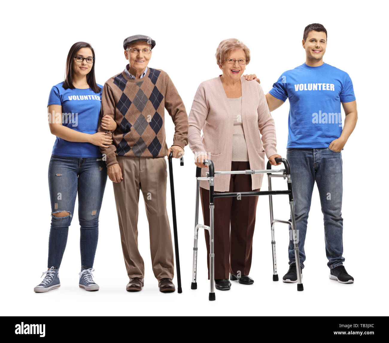 Full length portrait of young volunteers helping an elderly people isolated on white background Stock Photo