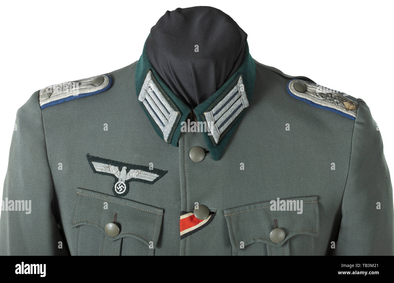 A field tunic of a medical director of the Division "Feldherrnhalle", Private purchase piece made of field-grey gabardine with dark-green collar, field-grey buttons, grey silk lining, hand-embroidered officer's eagle, sewn shoulder boards and collar patches, the left arm with original sewn sleeve band "Feldherrnhalle". The stitching on the left shoulder somewhat loosened (can easily be mended). infantry, military, armed forces, militaria, object, objects, stills, clipping, clippings, cut out, cut-out, cut-outs, historic, historical 20th century, Additional-Rights-Clearance-Info-Not-Available Stock Photo