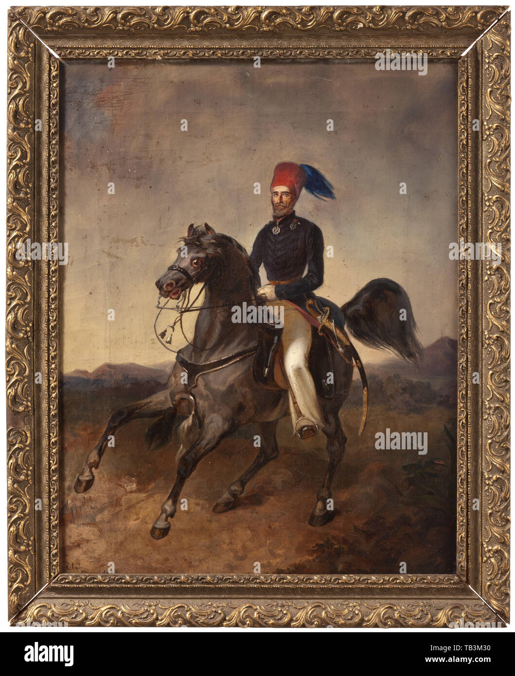 An equestrian portrait of Traugott Wilhelm Heinrich von Mühlbach, dated 1879, Oil on canvas, slightly brittle. Reverse with the name and biographical data of the portrayed, illegibly signed and dated at lower right. In the foreground Mühlbach in Turkish officer's uniform with applied medal on an Arabian stallion fitted with bunchuks, in front of a vast landscape of shrubs and mountains with low horizon. In slightly bumped, gilt stucco frame. Dimension of painting 38 x 49 cm, of frame 46 x 57 cm. Extraordinary fine and well executed painting of a Prussi, Artist's Copyright has not to be cleared Stock Photo