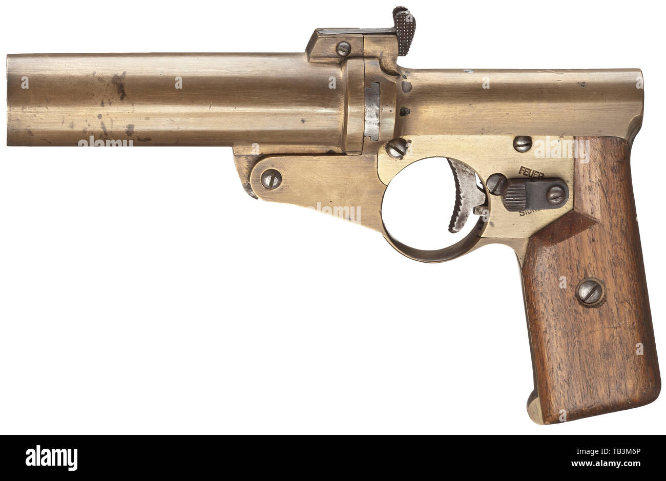A single-barrelled signal flare pistol Mod. A.W.W. of the Imperial Navy, Cal. 4, no. 37. Matching numbers. Drop barrel with snapper lock, length 115 mm. Total length 220 mm. Weight 860 g. Internal hammer. Safety. Signal pin. Construction attributed to Artilleriewerkstätten Wilhelmshaven (A.W.W.). On pommel navy acceptance mark crown/M. No further stamps or inscriptions. Brass grip frame and barrel. Ribbed trigger as well as opening lever, breechblock, safety, mechanical parts and screws made of steel. Matching-numbered, smooth walnut grip panels., Additional-Rights-Clearance-Info-Not-Available Stock Photo