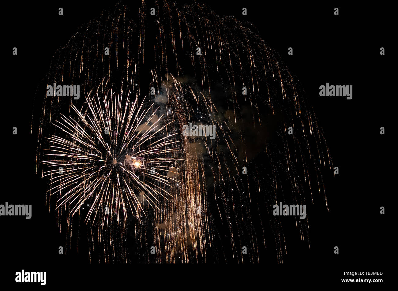 gold fireworks display exploding in black night sky Stock Photo