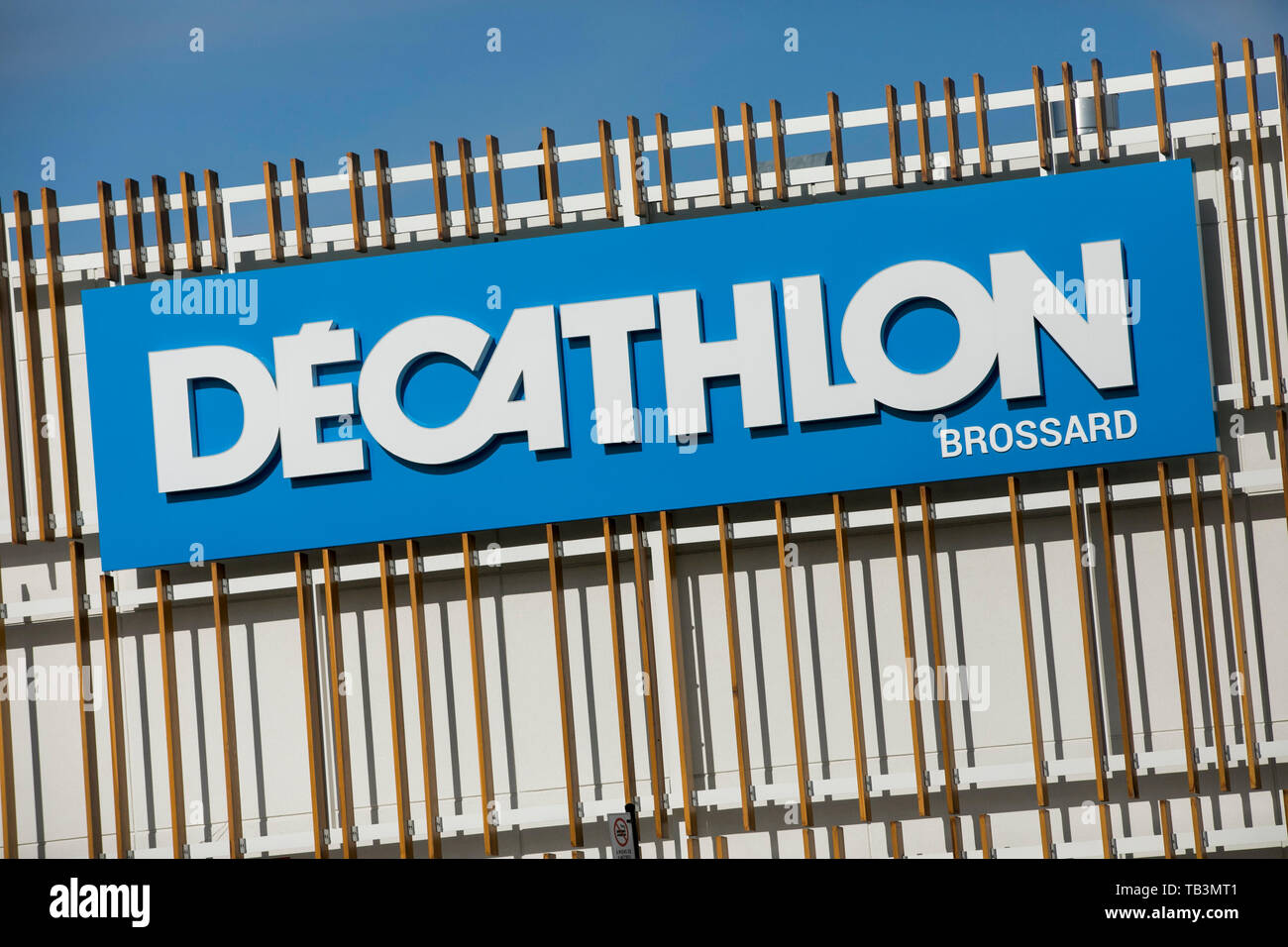 A logo sign outside of a Decathlon retail store location in Brossard,  Quebec, Canada, on April 23, 2019. (Photo by Kristoffer Tripplaar/Sipa USA  Stock Photo - Alamy