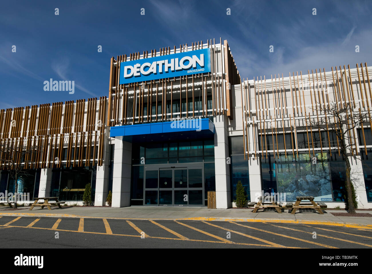 A logo sign outside of a Decathlon retail store location in Brossard,  Quebec, Canada, on April 23, 2019. (Photo by Kristoffer Tripplaar/Sipa USA  Stock Photo - Alamy