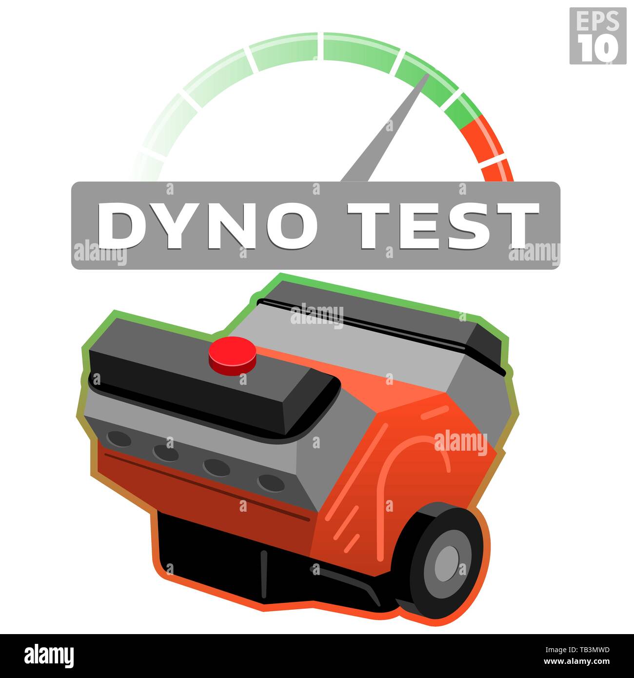 Dyno test car engine block with RPM tachometer measuring horsepower