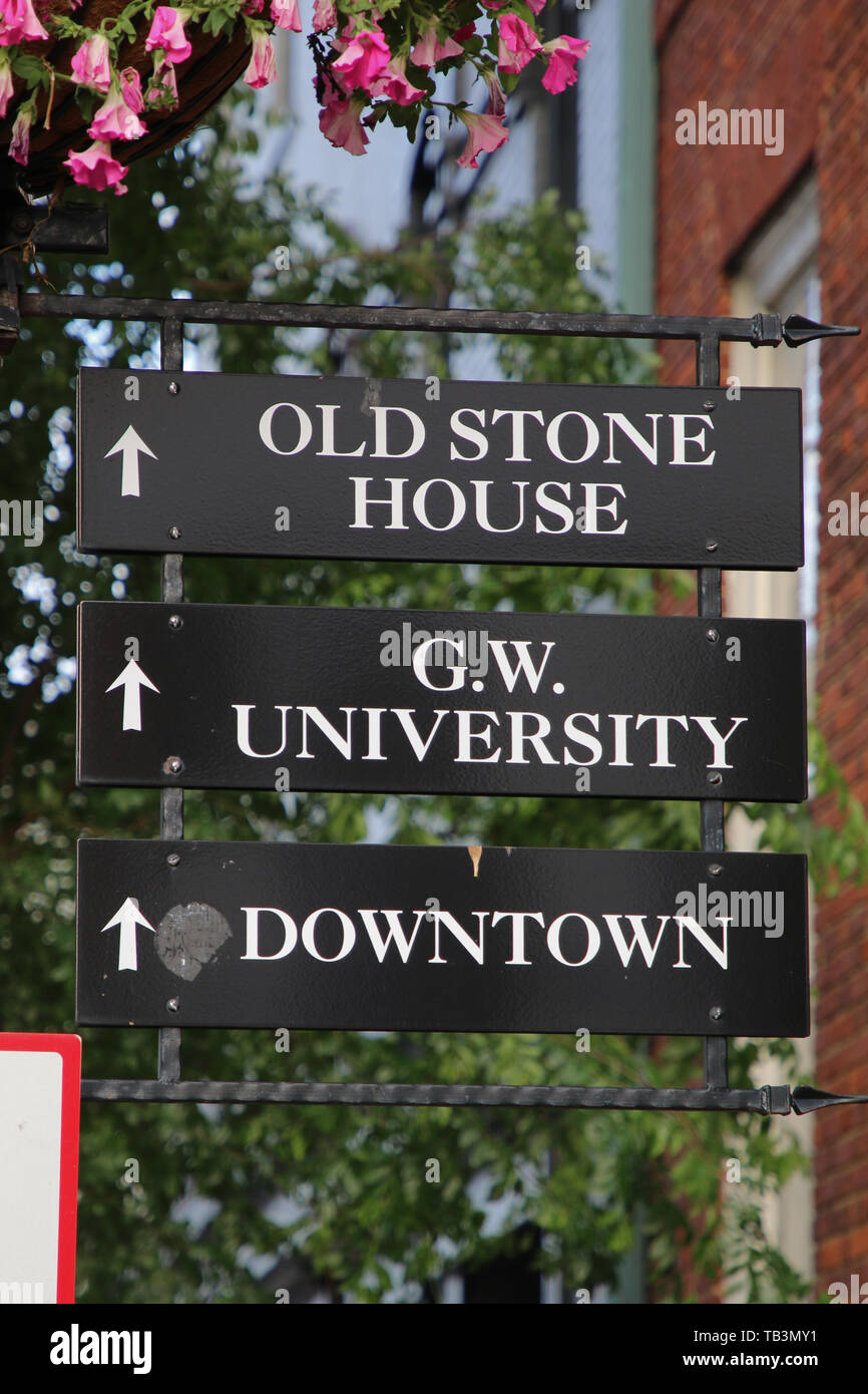Sign in DC showing Old Stone House, GW University and
