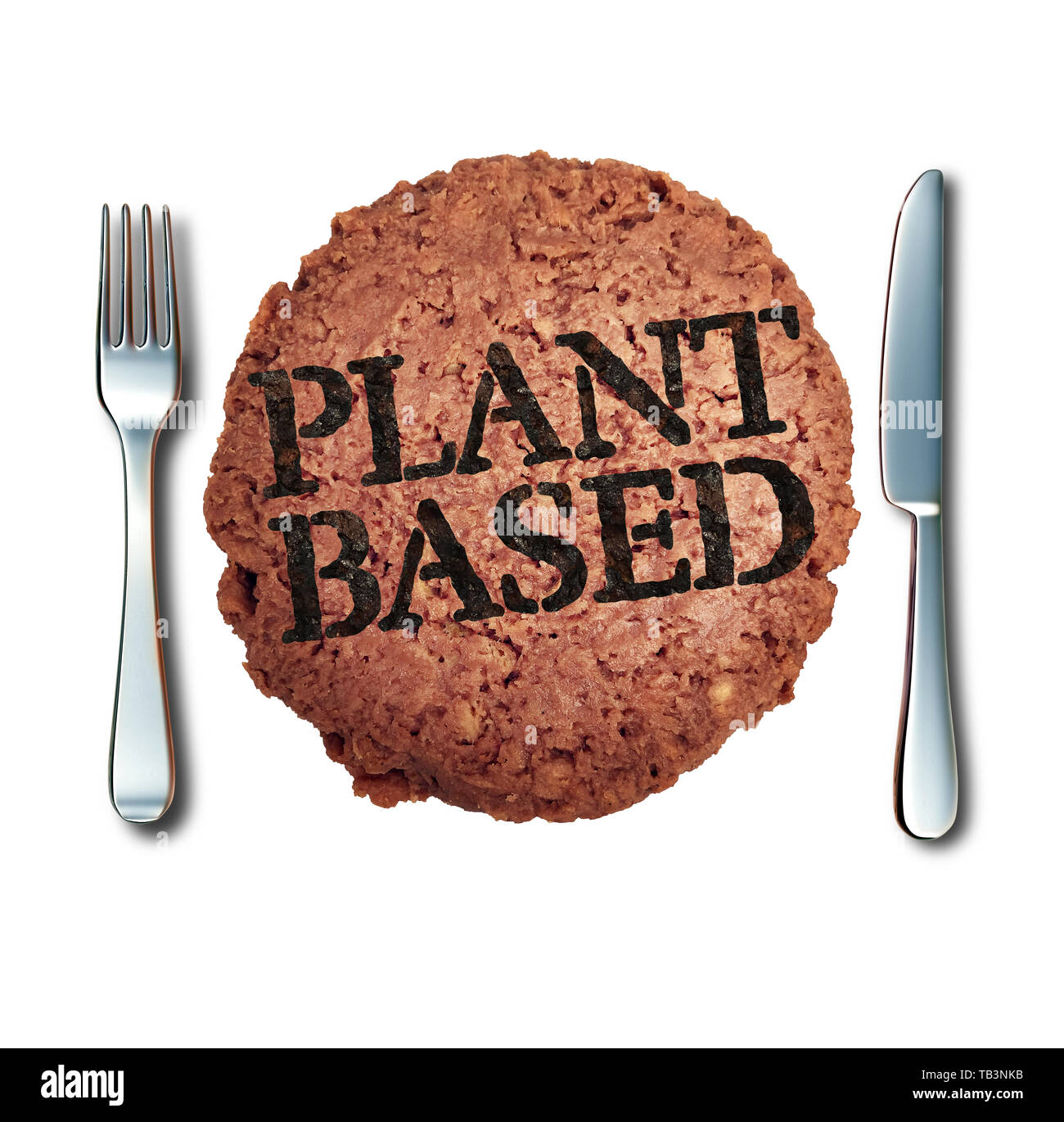 Plant based meat alternative as a vegan burger and fake animal protein representing a vegetarian hamburger  branded with cooked text. Stock Photo