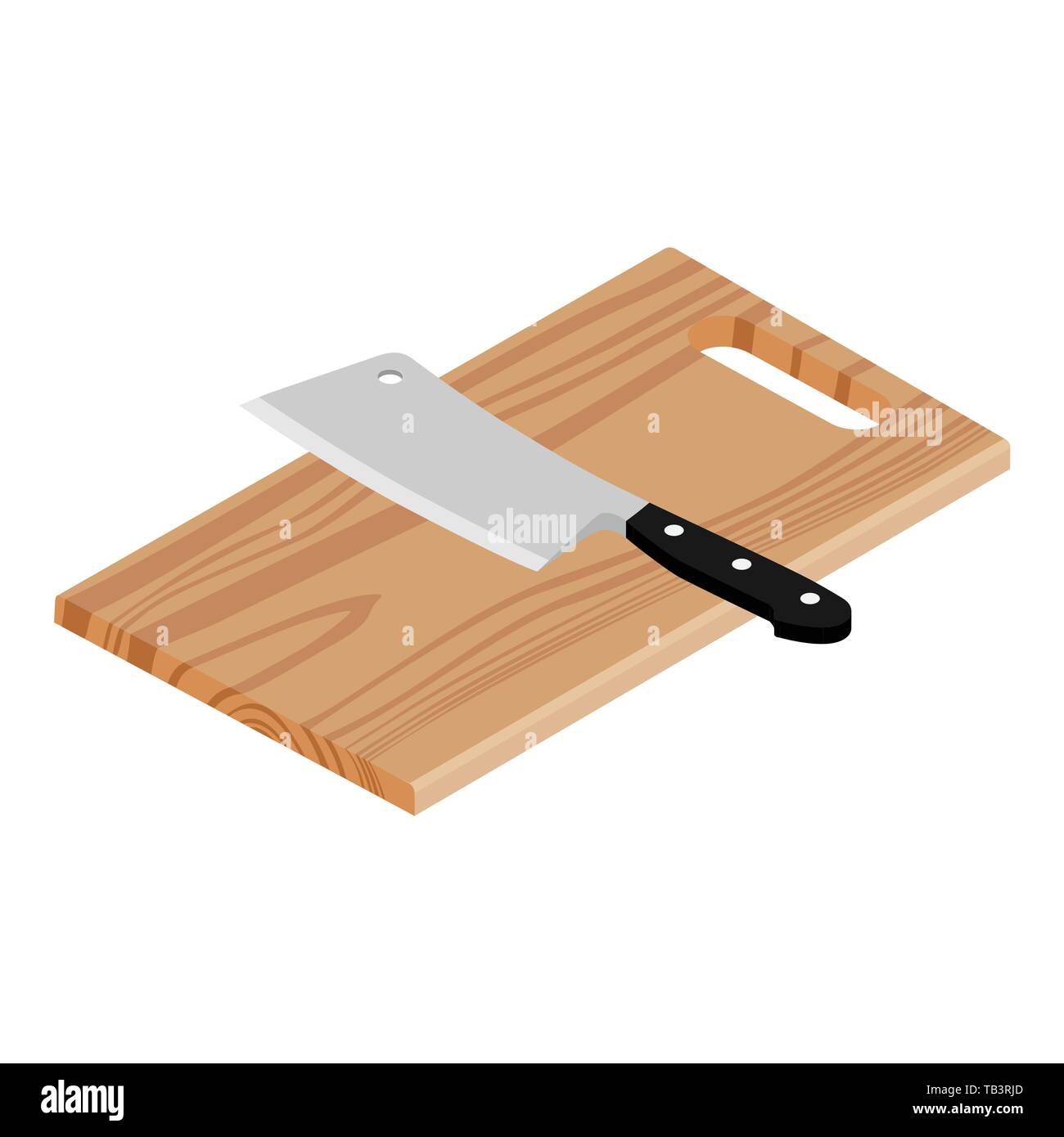 Wooden cutting board and butcher meat knife isolated on white
