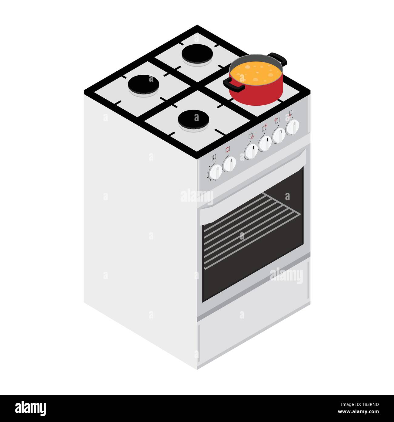 Food preparation. Boiling soup in red pan, cooking pot on gas oven