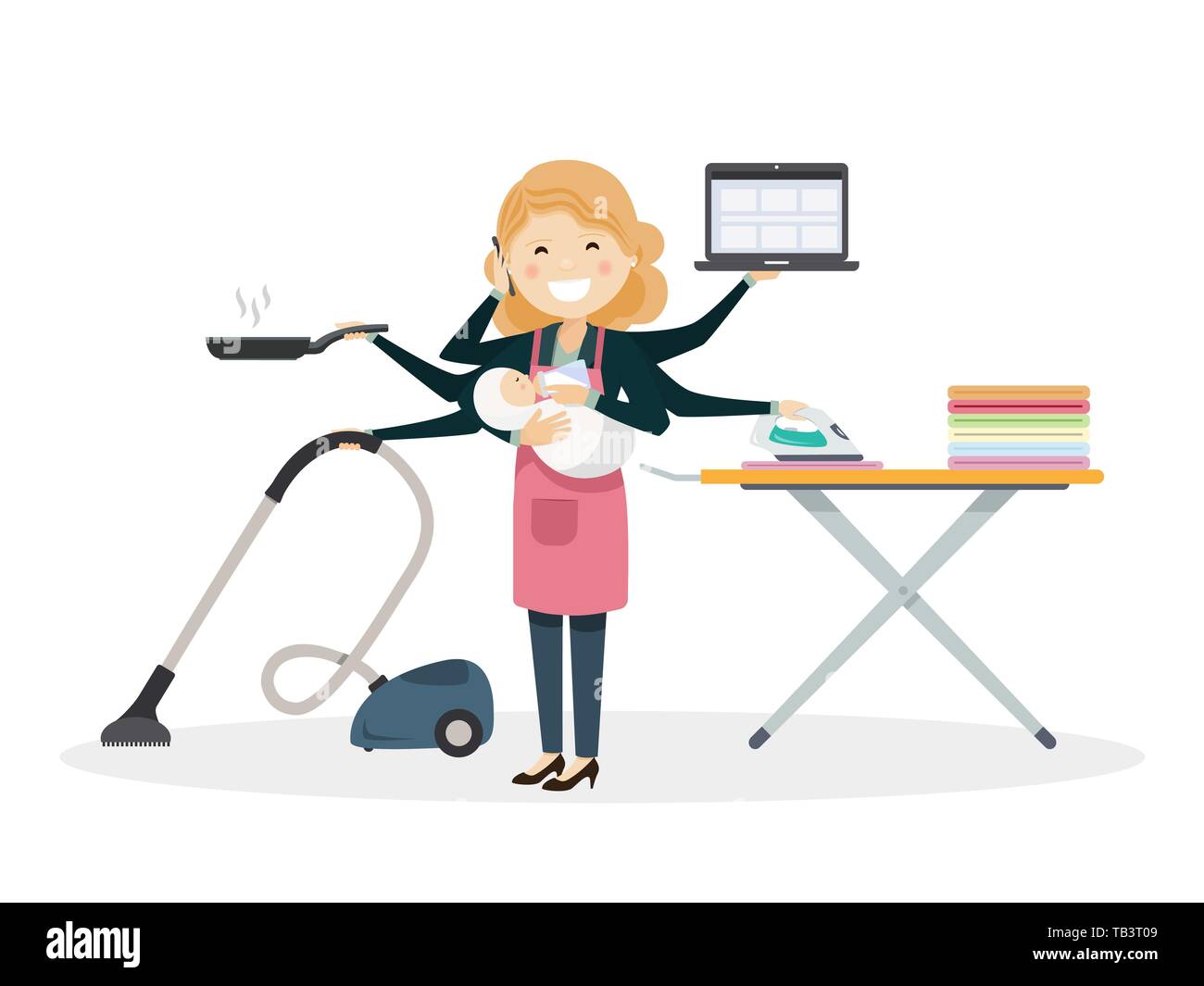 Busy mom smiling with baby at home. Isolated vector illustration Stock Vector