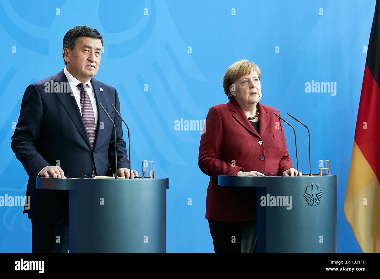 16.04.2019, Berlin, Berlin, Germany - Chancellor Angela Merkel and the President of the Kyrgyz Republic Sooronbaj Jeenbekov at the joint press confere Stock Photo