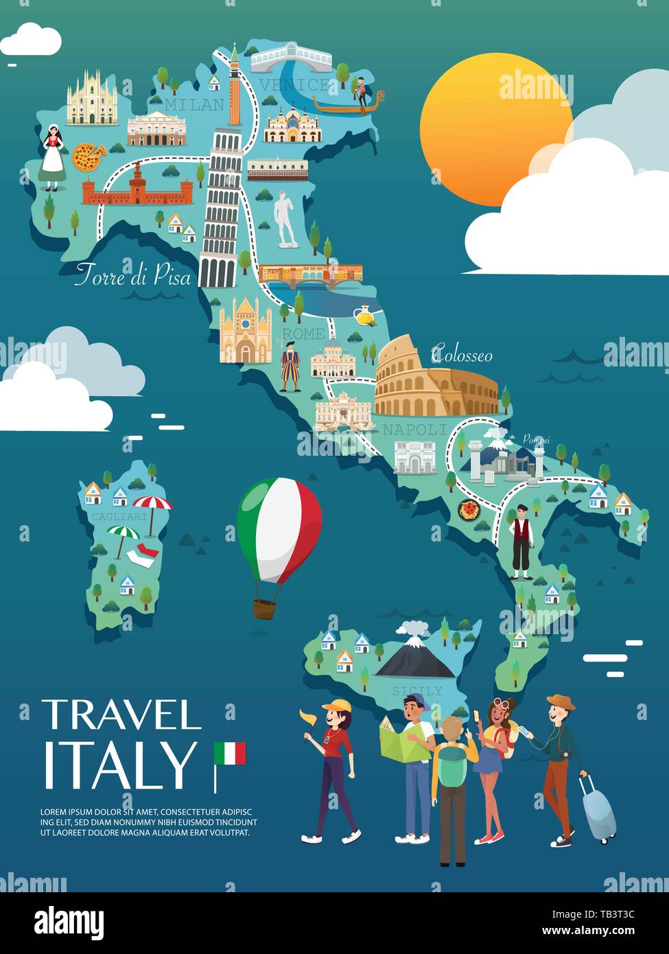 Map Of Italy Attractions Vector And Illustration. Stock Vector