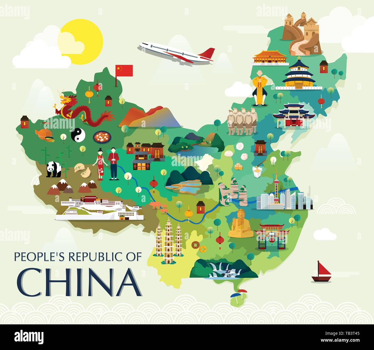 Map Of China Attractions Vector And Illustration. Stock Vector