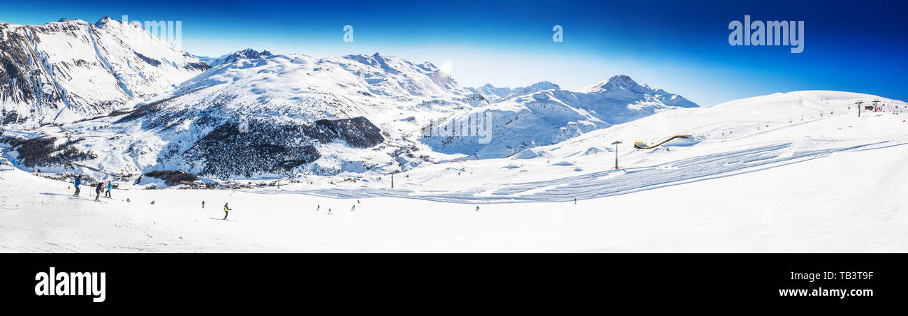Skiers skiing in Carosello 3000 ski resort, Livigno, Italy, Europe. Stock Photo
