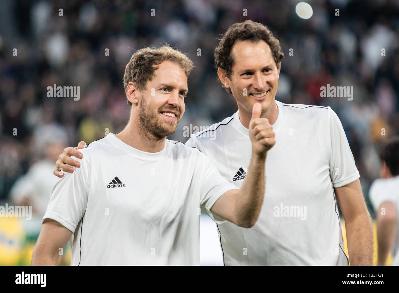 Sebastian Vettel and John Elkan during the La Partita del cuore: Campioni della ricerca vs Nazionale cantanti. Campioni della ricerca won 3-2 at Allianz Stadium, in Turin, Italy 27th may 2019 (Photo by Alberto Gandolfo / Pacific Press) Stock Photo