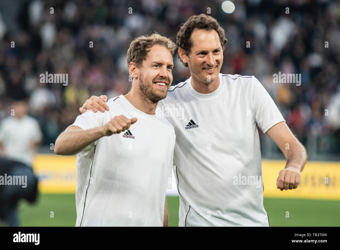 Sebastian Vettel and John Elkan during the La Partita del cuore: Campioni della ricerca vs Nazionale cantanti. Campioni della ricerca won 3-2 at Allianz Stadium, in Turin, Italy 27th may 2019 (Photo by Alberto Gandolfo / Pacific Press) Stock Photo