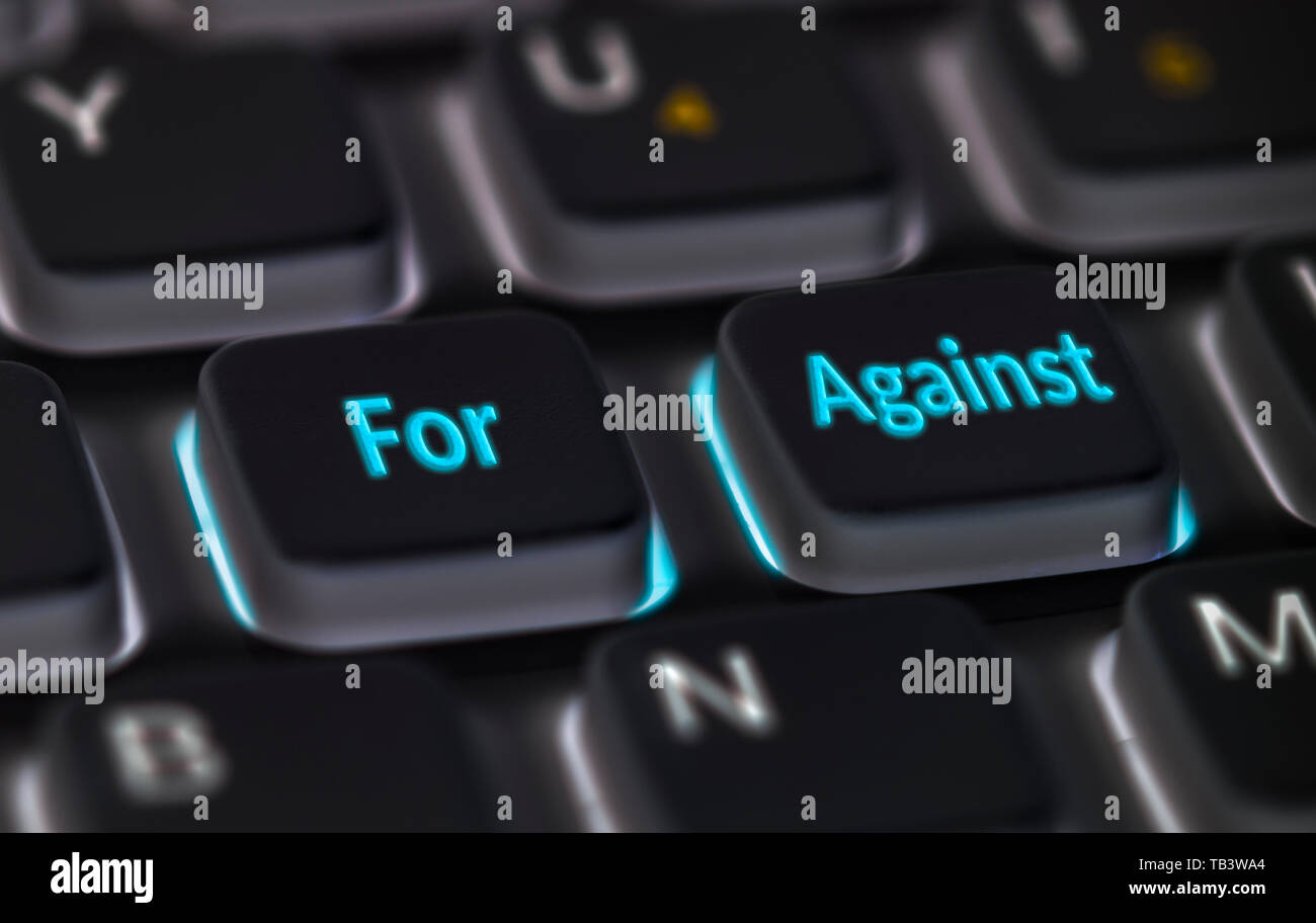 Concept of For and Against options on buttons on a computer keyboard. Stock Photo