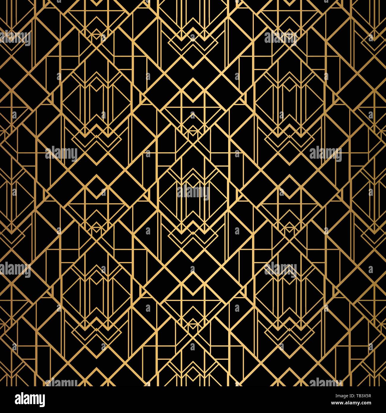 Art Deco Pattern. Seamless black and gold background. Metallic lace ornament. Minimalistic geometric design. Vector lines. 1920-30s motifs. Luxury vin Stock Vector