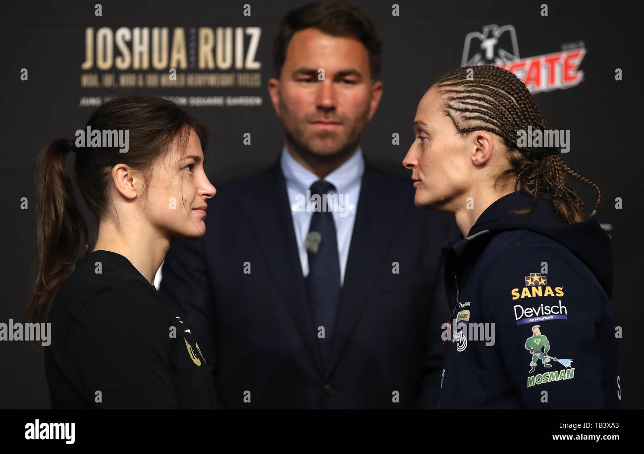 Katie Taylor, Eddie Hearn and Delfine Persoon during the undercard press conference at Madison Square Garden, New York. Stock Photo