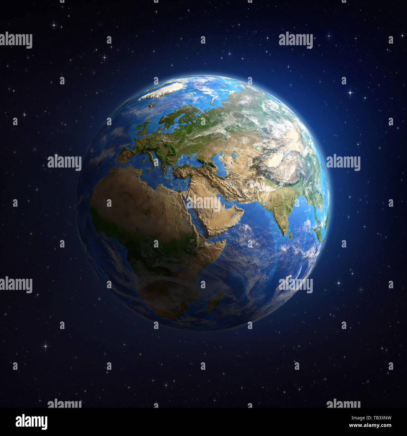 Planet Earth viewed from a satellite in deep space, focused on Europe, Asia and Africa. 3D illustration - Elements of this image furnished by NASA. Stock Photo