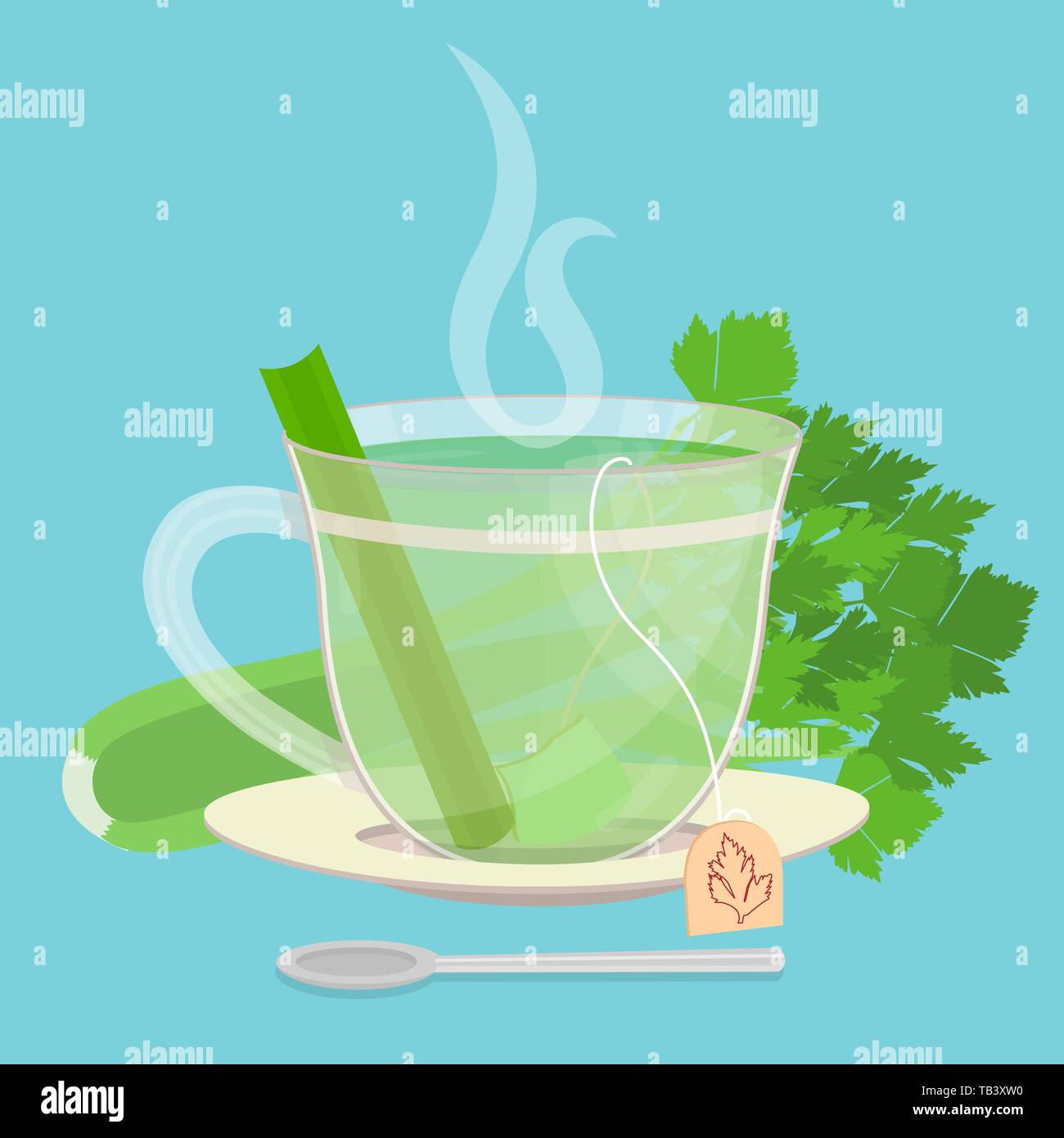Cup of celery tea. Tea sachet with celery behind the saucer. Piece of celery inside the cup. Smoke on the drink. Spoon in front of cup. Stock Vector