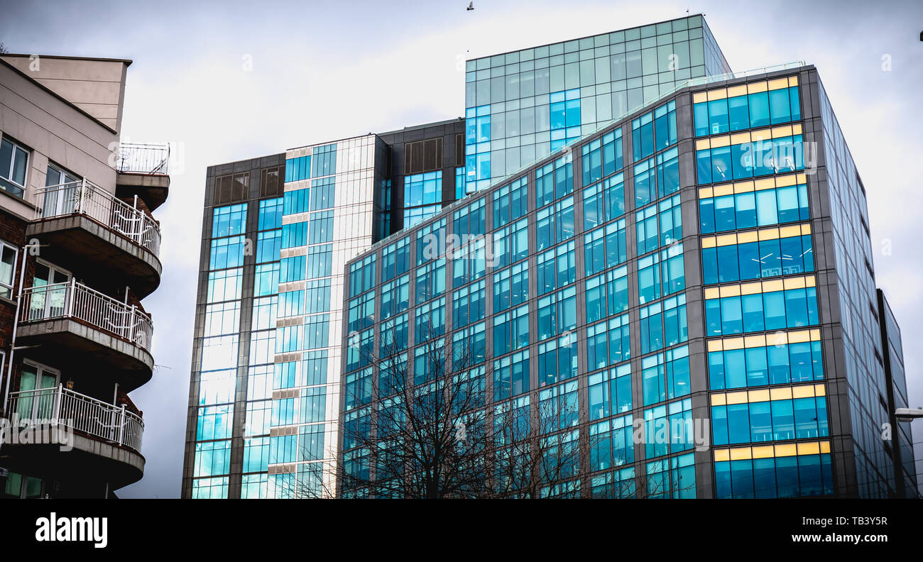 Dublin, Ireland - February 12, 2019: Architectural detail of the Irish headquarters building of the multinational Google on a winter day Stock Photo